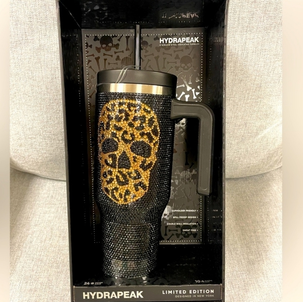 🖤🔹️Hydrapeak🔹️ LIMITED EDITION 40oz Voyager Cheetah Skull Bling Black Gold